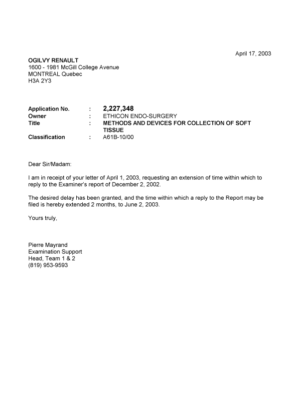 Document de brevet canadien 2227348. Correspondance 20021217. Image 1 de 1