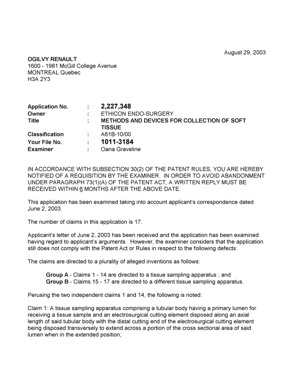 Canadian Patent Document 2227348. Prosecution-Amendment 20030829. Image 1 of 3