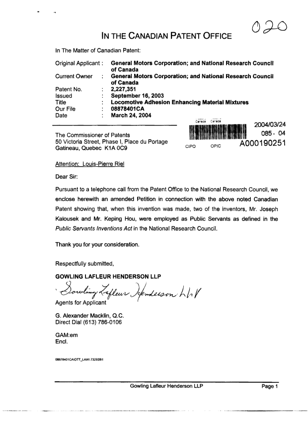 Canadian Patent Document 2227351. Correspondence 20031224. Image 1 of 3