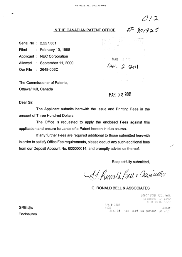 Document de brevet canadien 2227381. Correspondance 20010302. Image 1 de 1