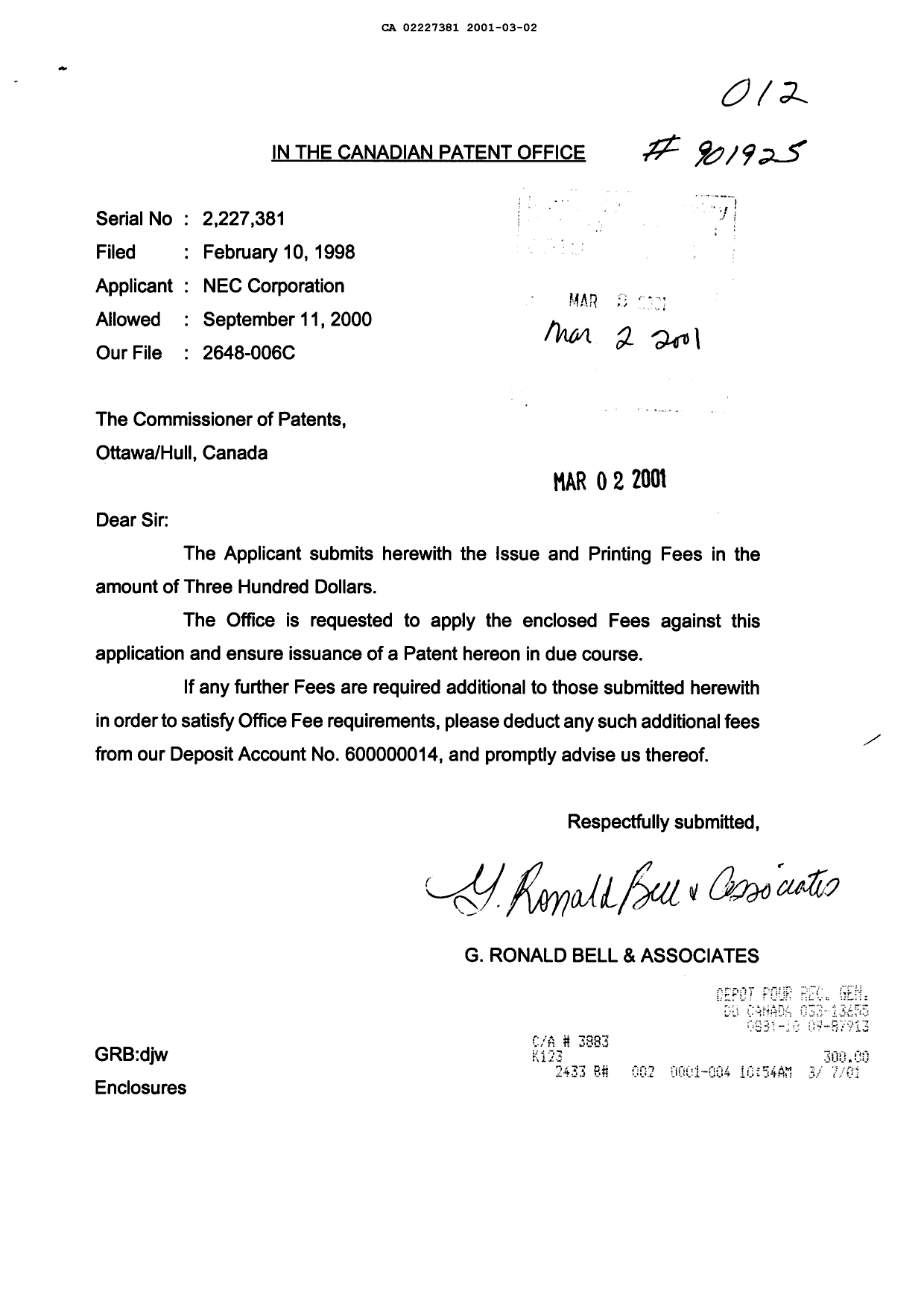 Canadian Patent Document 2227381. Correspondence 20010302. Image 1 of 1