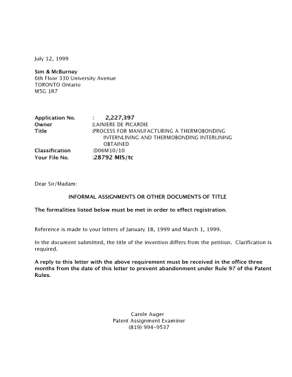 Canadian Patent Document 2227397. Correspondence 19990712. Image 1 of 2