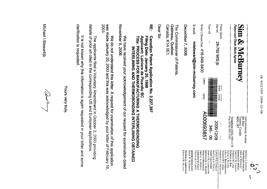 Canadian Patent Document 2227397. Prosecution-Amendment 20061208. Image 1 of 1