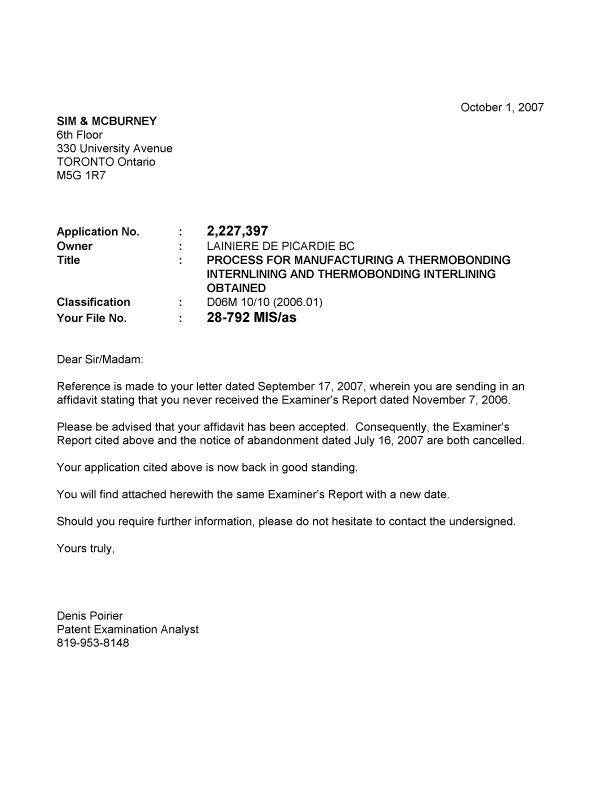 Document de brevet canadien 2227397. Correspondance 20071001. Image 1 de 1