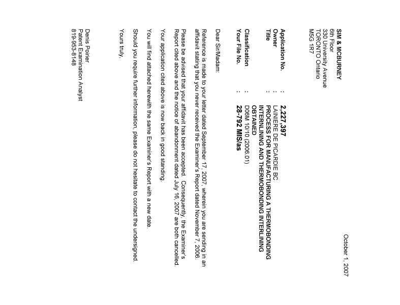 Canadian Patent Document 2227397. Correspondence 20071001. Image 1 of 1