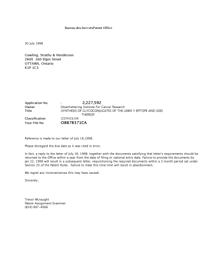 Document de brevet canadien 2227592. Correspondance 19980730. Image 1 de 1