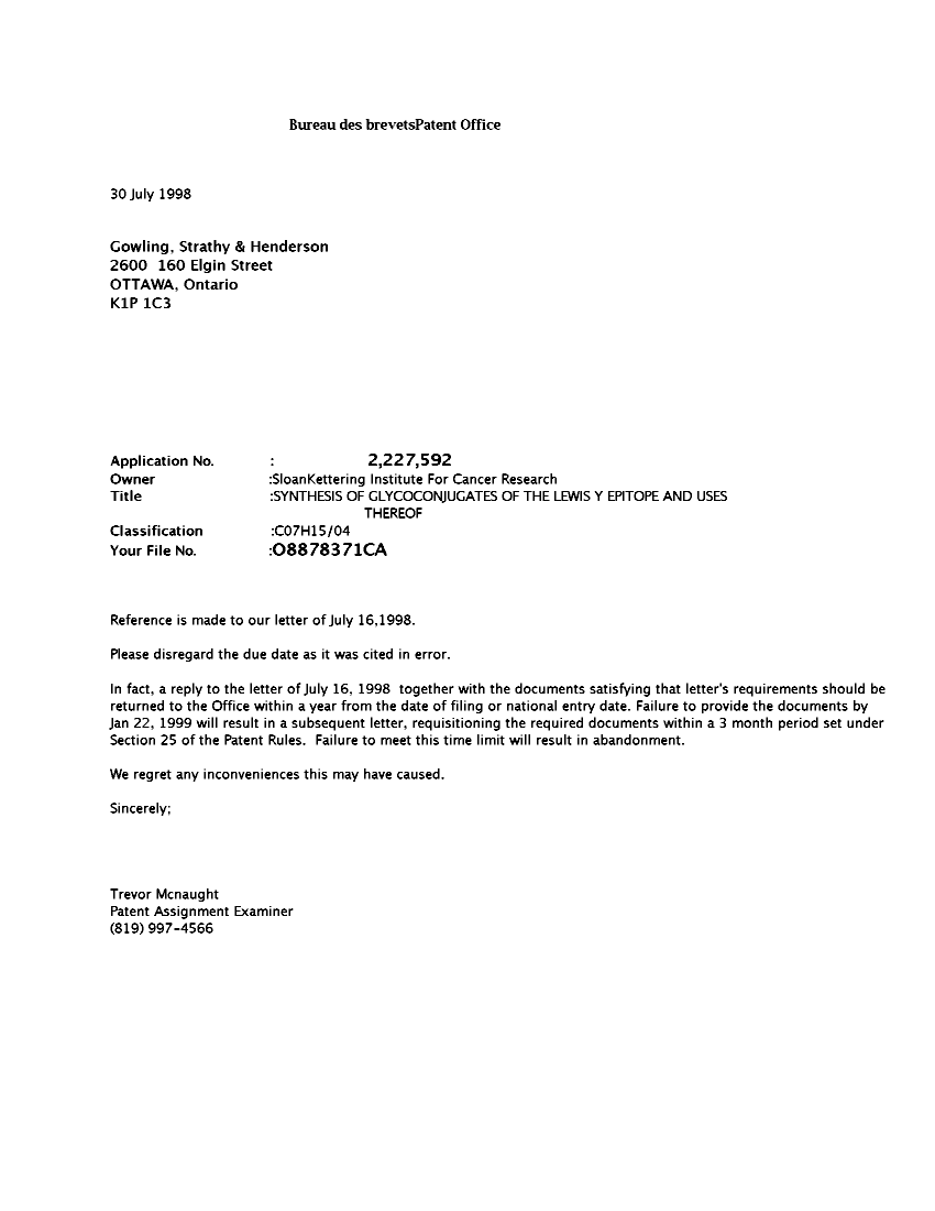 Canadian Patent Document 2227592. Correspondence 19980730. Image 1 of 1