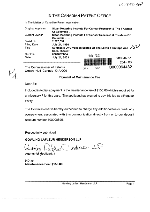 Canadian Patent Document 2227592. Fees 20030721. Image 1 of 1