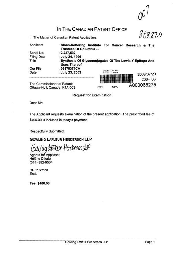 Canadian Patent Document 2227592. Prosecution-Amendment 20030723. Image 1 of 1