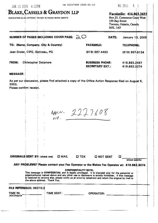 Canadian Patent Document 2227608. Prosecution-Amendment 20030805. Image 1 of 17