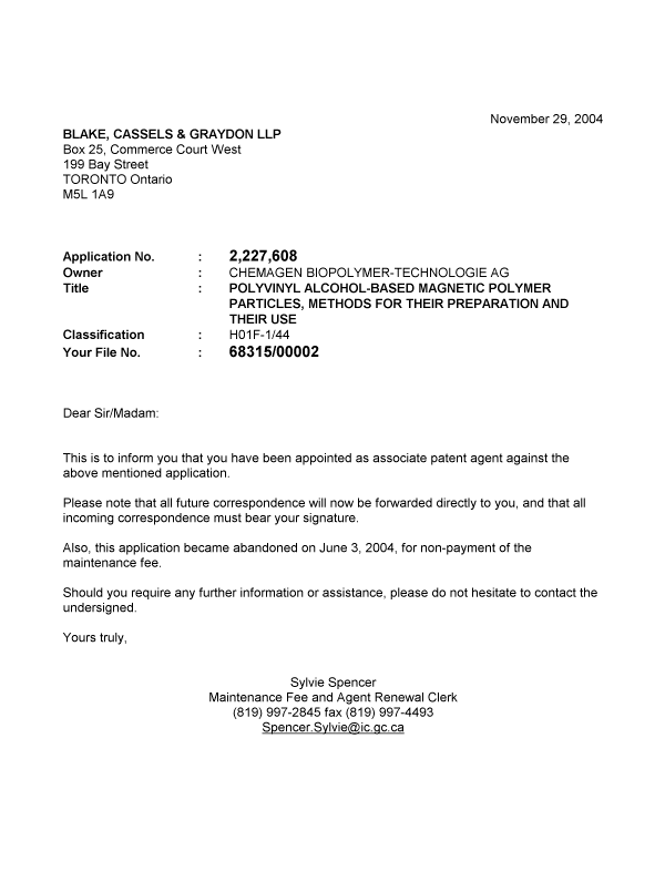 Canadian Patent Document 2227608. Correspondence 20041129. Image 1 of 1