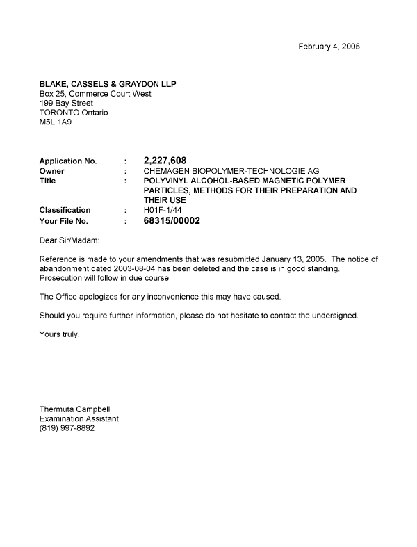 Canadian Patent Document 2227608. Correspondence 20050204. Image 1 of 1
