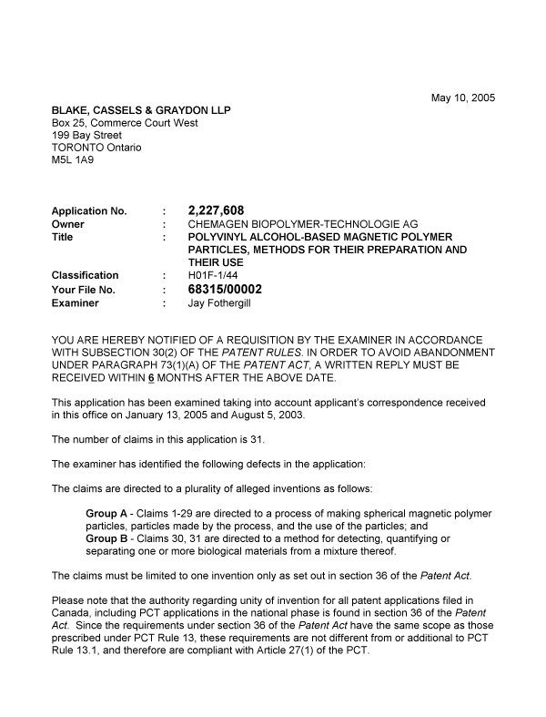 Canadian Patent Document 2227608. Prosecution-Amendment 20050510. Image 1 of 2