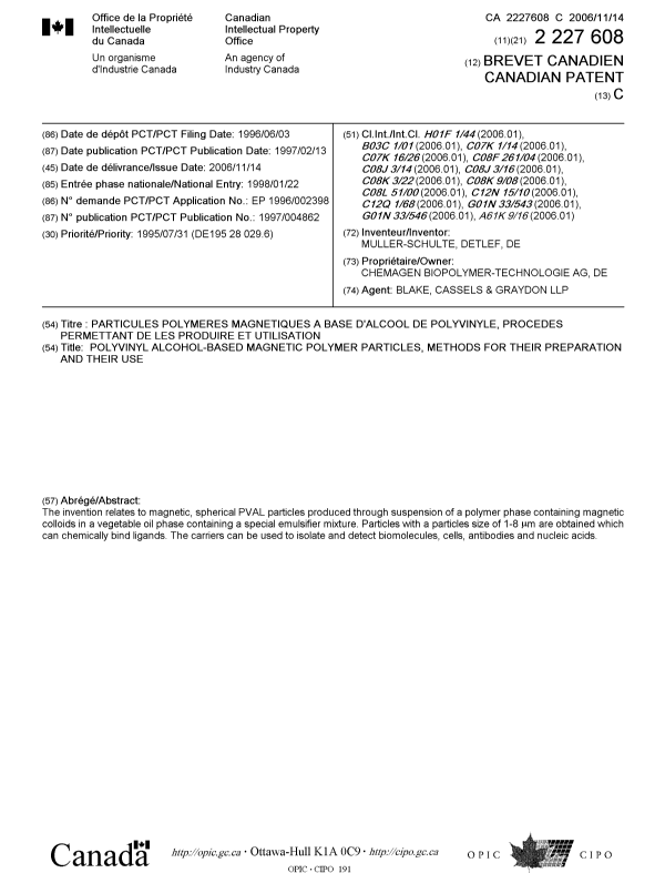 Canadian Patent Document 2227608. Cover Page 20061016. Image 1 of 1