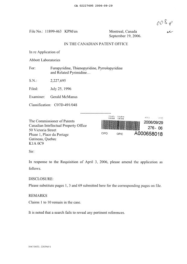 Canadian Patent Document 2227695. Prosecution-Amendment 20060929. Image 1 of 5
