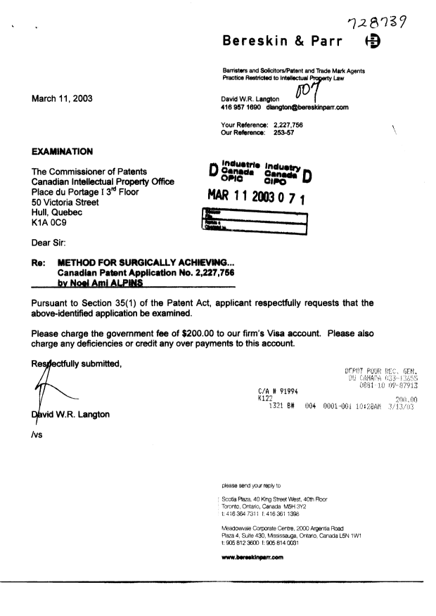 Canadian Patent Document 2227756. Prosecution-Amendment 20030311. Image 1 of 1
