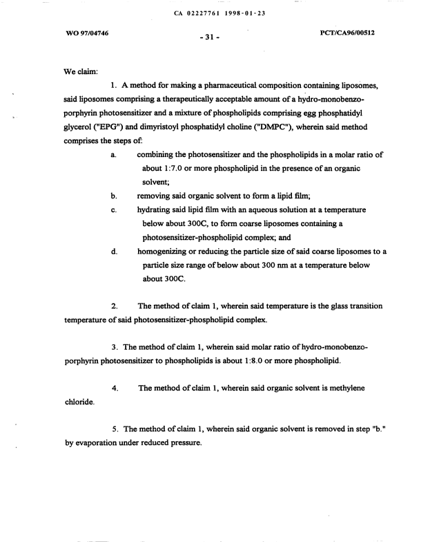 Document de brevet canadien 2227761. Revendications 19980123. Image 1 de 6