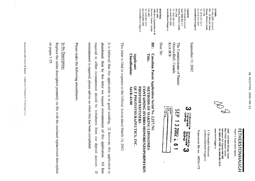 Canadian Patent Document 2227761. Prosecution-Amendment 20020913. Image 1 of 43