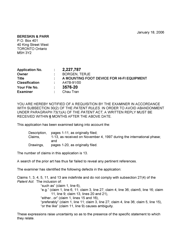 Canadian Patent Document 2227787. Prosecution-Amendment 20060118. Image 1 of 2