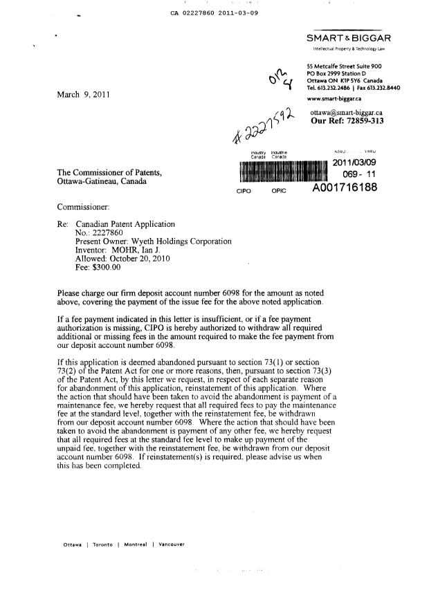 Canadian Patent Document 2227860. Correspondence 20110309. Image 1 of 2
