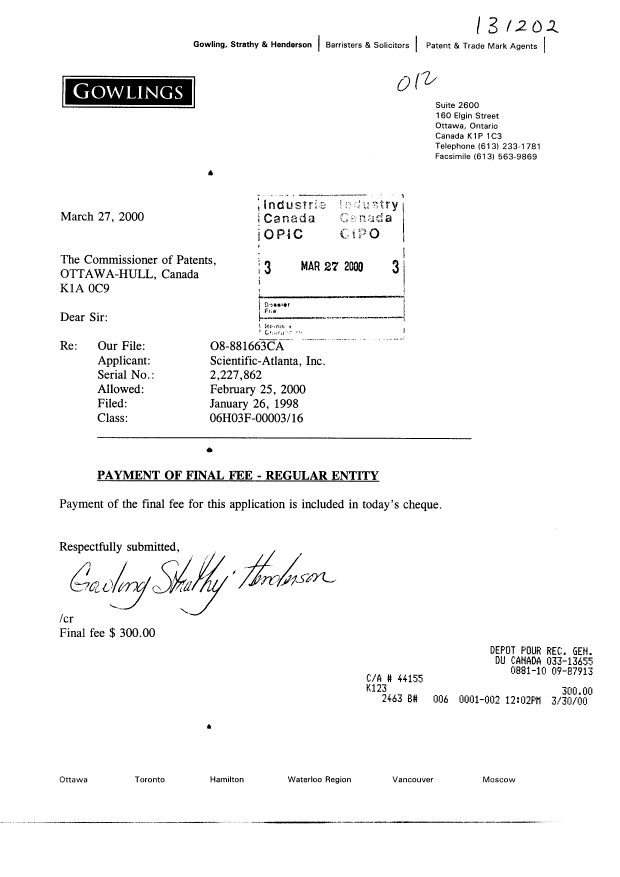 Canadian Patent Document 2227862. Correspondence 20000327. Image 1 of 1