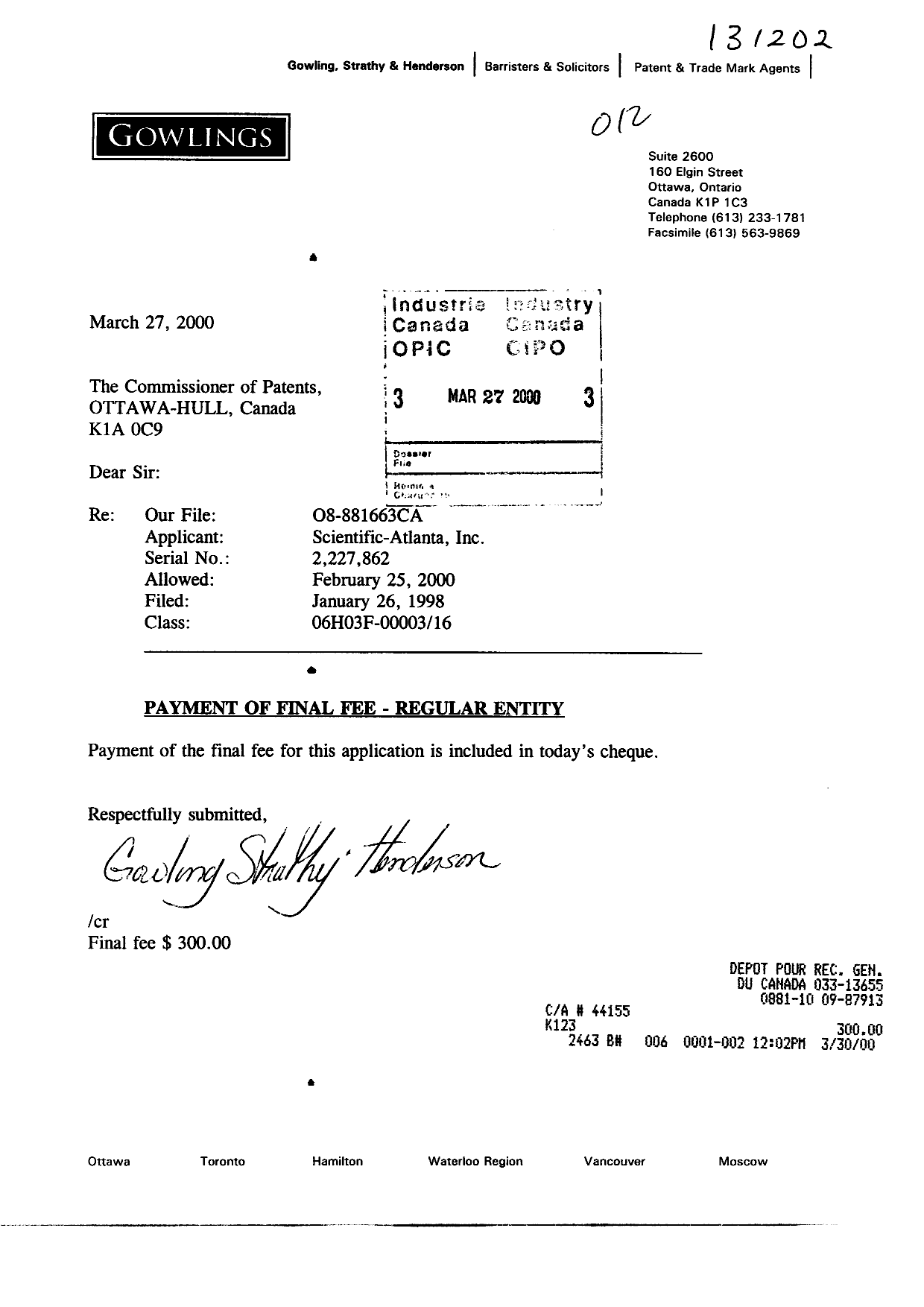 Canadian Patent Document 2227862. Correspondence 20000327. Image 1 of 1