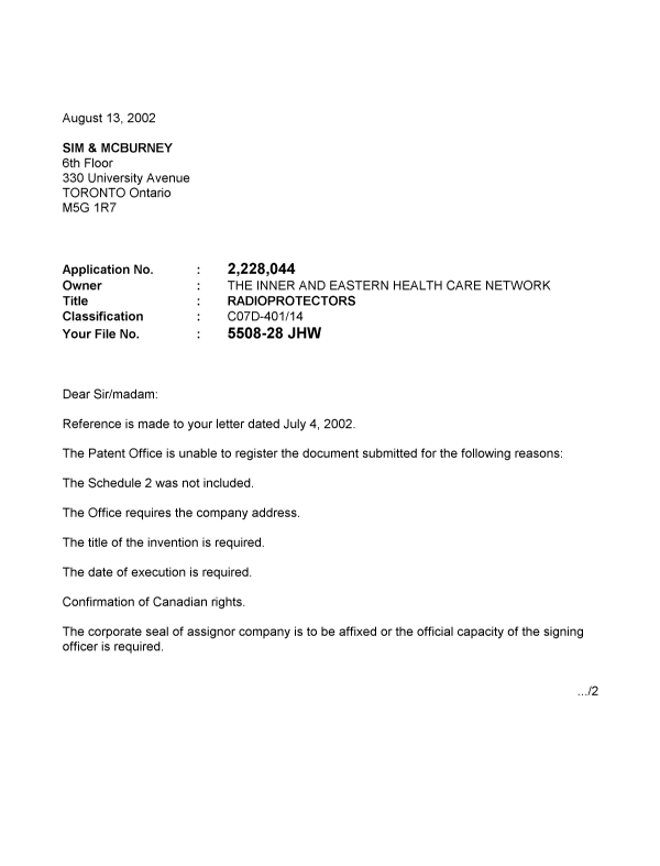 Canadian Patent Document 2228044. Correspondence 20020813. Image 1 of 2