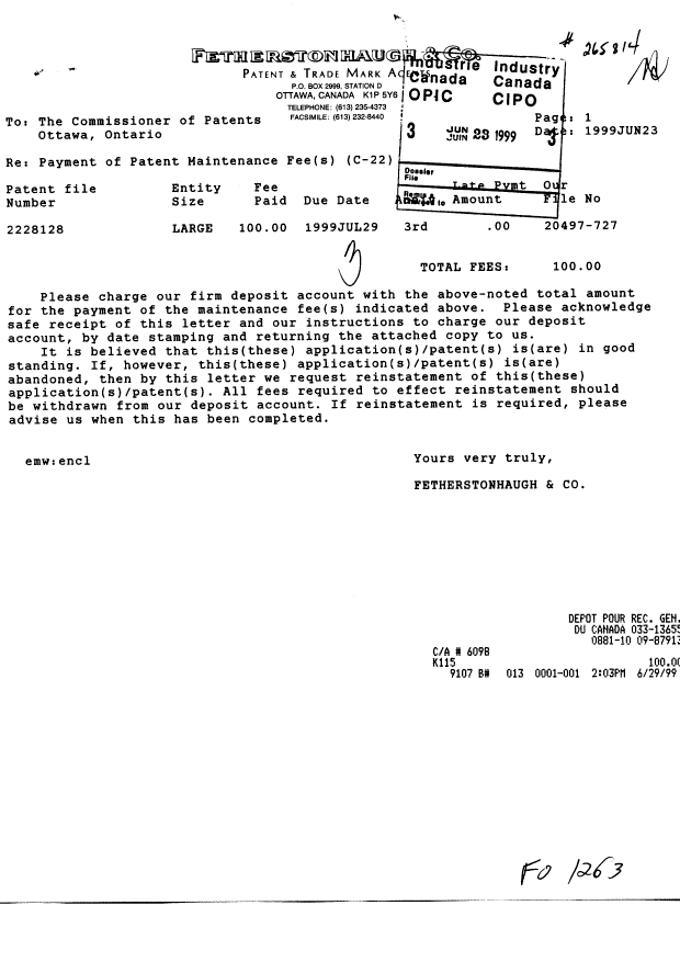 Canadian Patent Document 2228128. Fees 19990623. Image 1 of 1