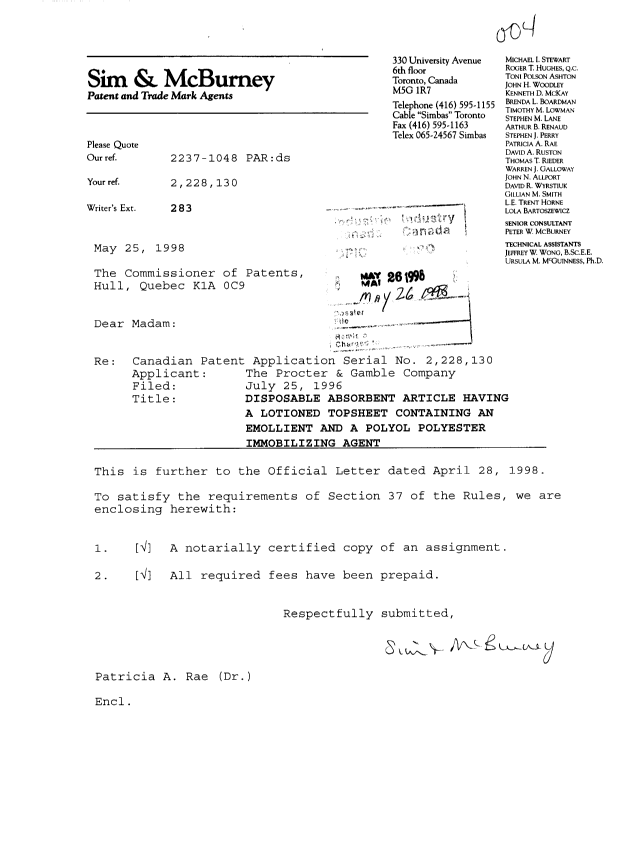 Document de brevet canadien 2228130. Cession 19980526. Image 1 de 3