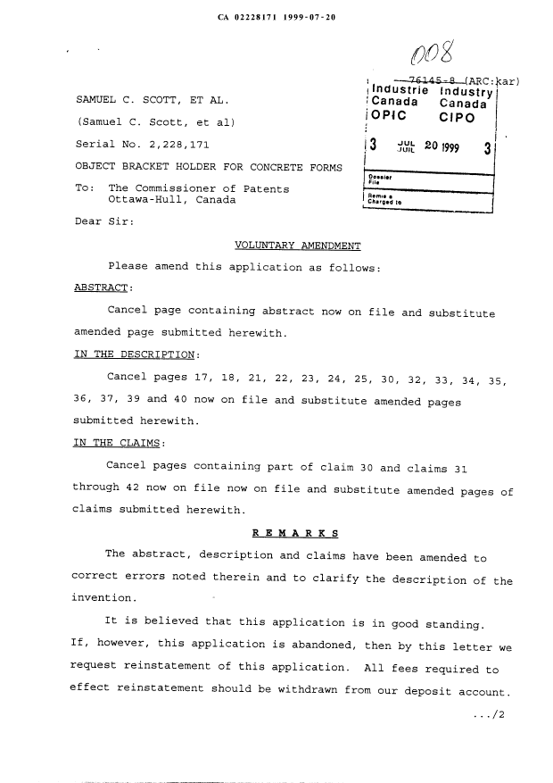Canadian Patent Document 2228171. Prosecution-Amendment 19990720. Image 1 of 23