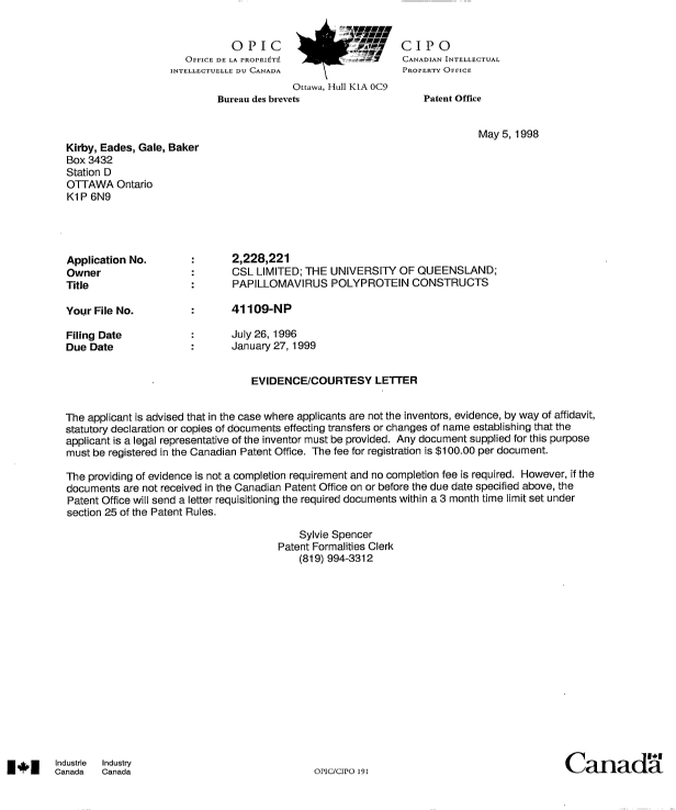 Document de brevet canadien 2228221. Correspondance 19980501. Image 1 de 1