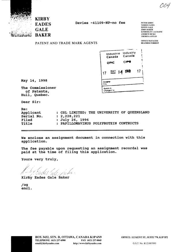 Canadian Patent Document 2228221. Assignment 19980514. Image 1 of 2