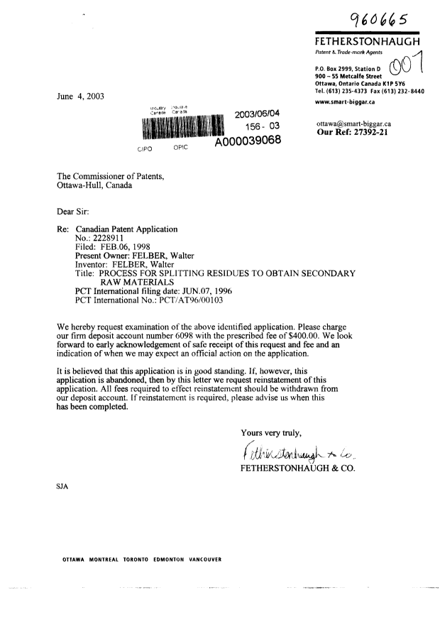 Document de brevet canadien 2228911. Poursuite-Amendment 20030604. Image 1 de 1