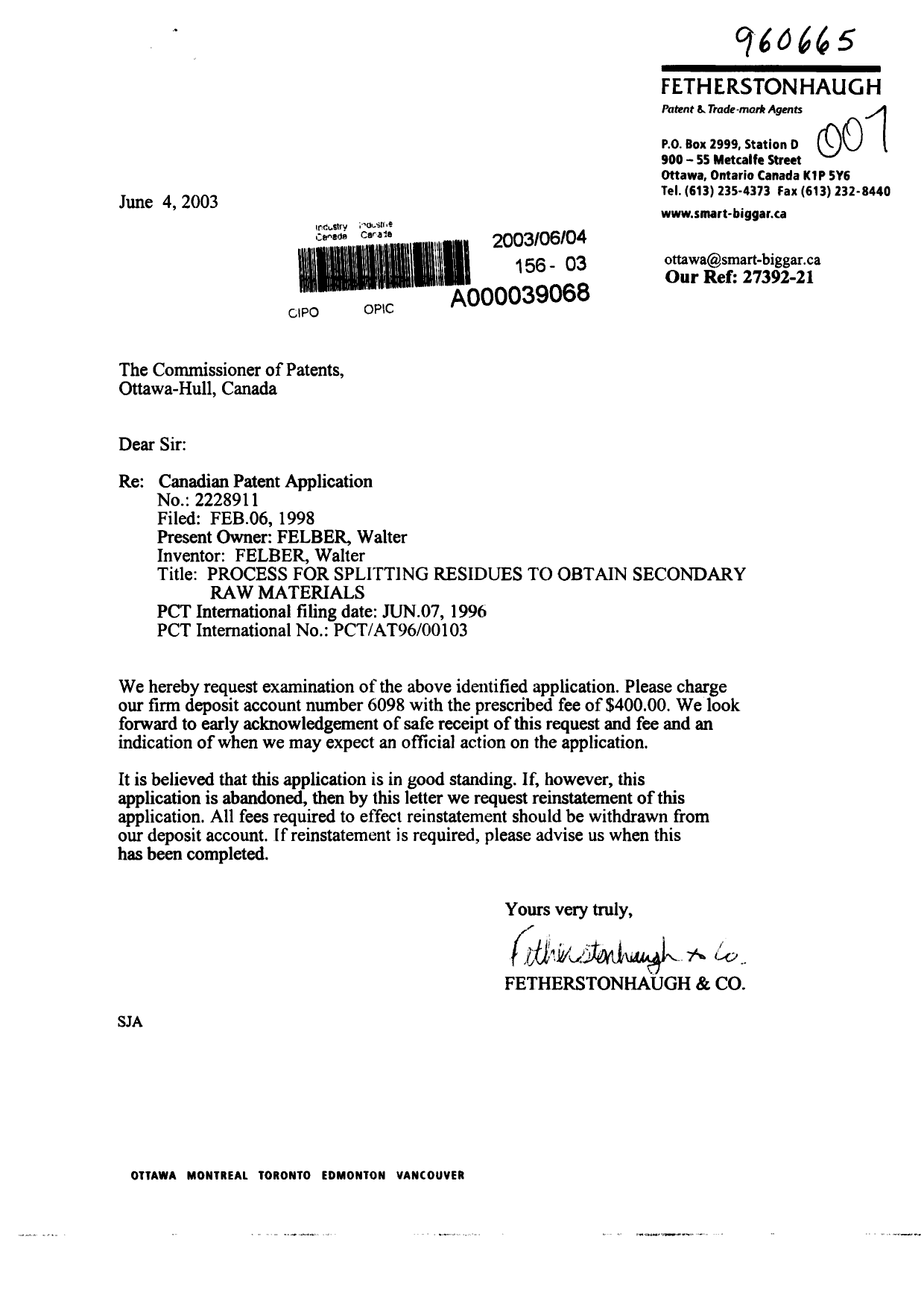 Canadian Patent Document 2228911. Prosecution-Amendment 20030604. Image 1 of 1