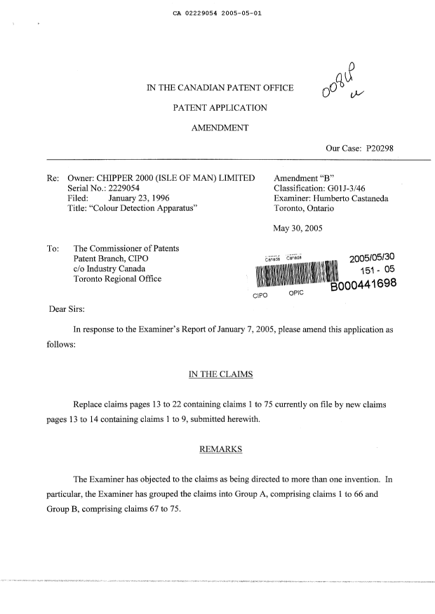 Canadian Patent Document 2229054. Prosecution-Amendment 20050530. Image 1 of 4