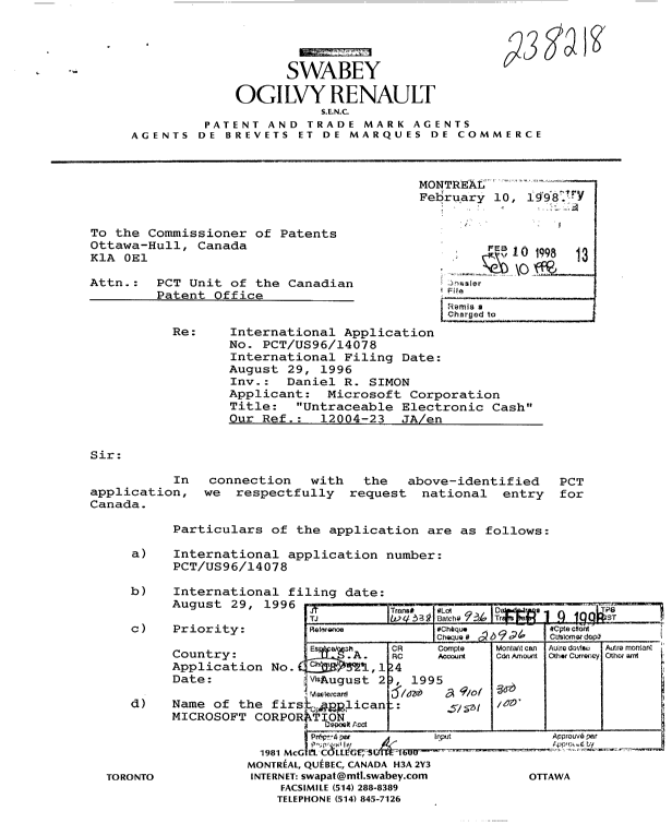 Canadian Patent Document 2229206. Assignment 19980210. Image 1 of 3