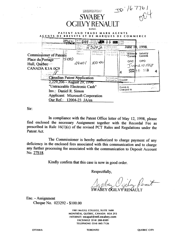 Document de brevet canadien 2229206. Cession 19980610. Image 1 de 4
