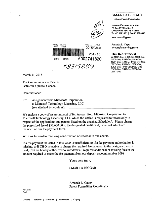 Document de brevet canadien 2229206. Cession 20150331. Image 1 de 31
