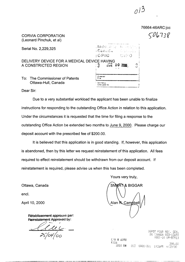 Canadian Patent Document 2229325. Prosecution-Amendment 20000410. Image 1 of 1