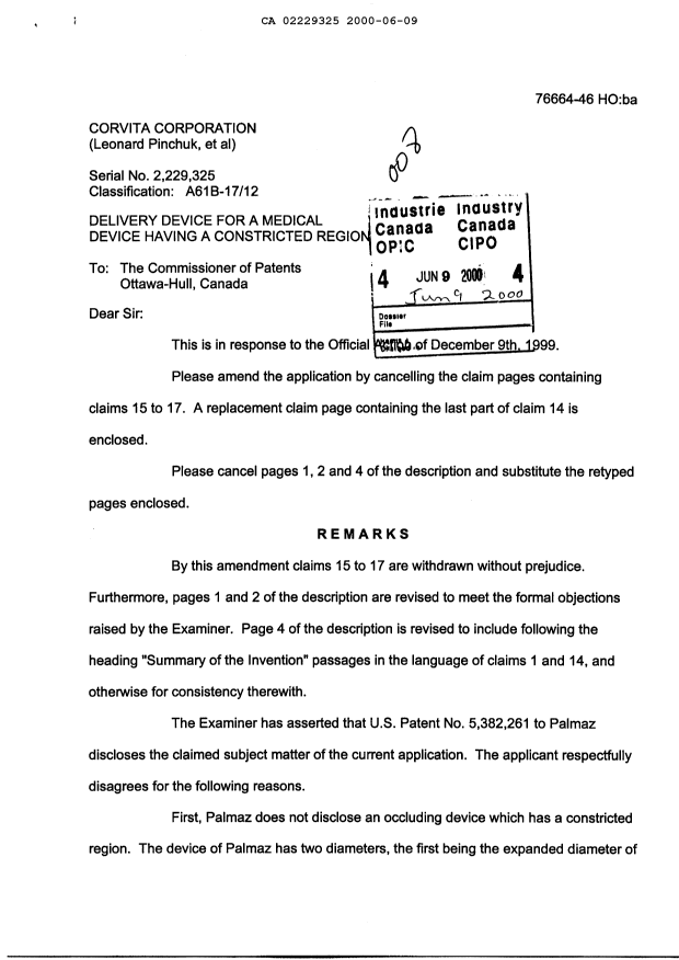 Canadian Patent Document 2229325. Prosecution-Amendment 20000609. Image 1 of 8