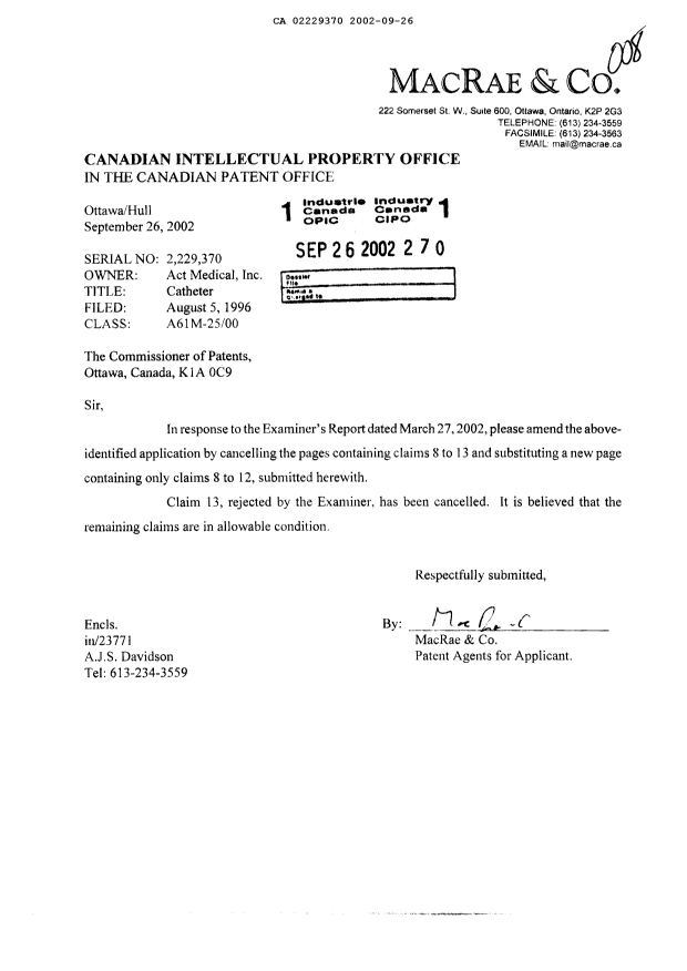Canadian Patent Document 2229370. Prosecution-Amendment 20011226. Image 1 of 2