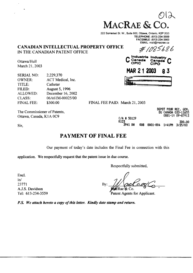 Canadian Patent Document 2229370. Correspondence 20021221. Image 1 of 1