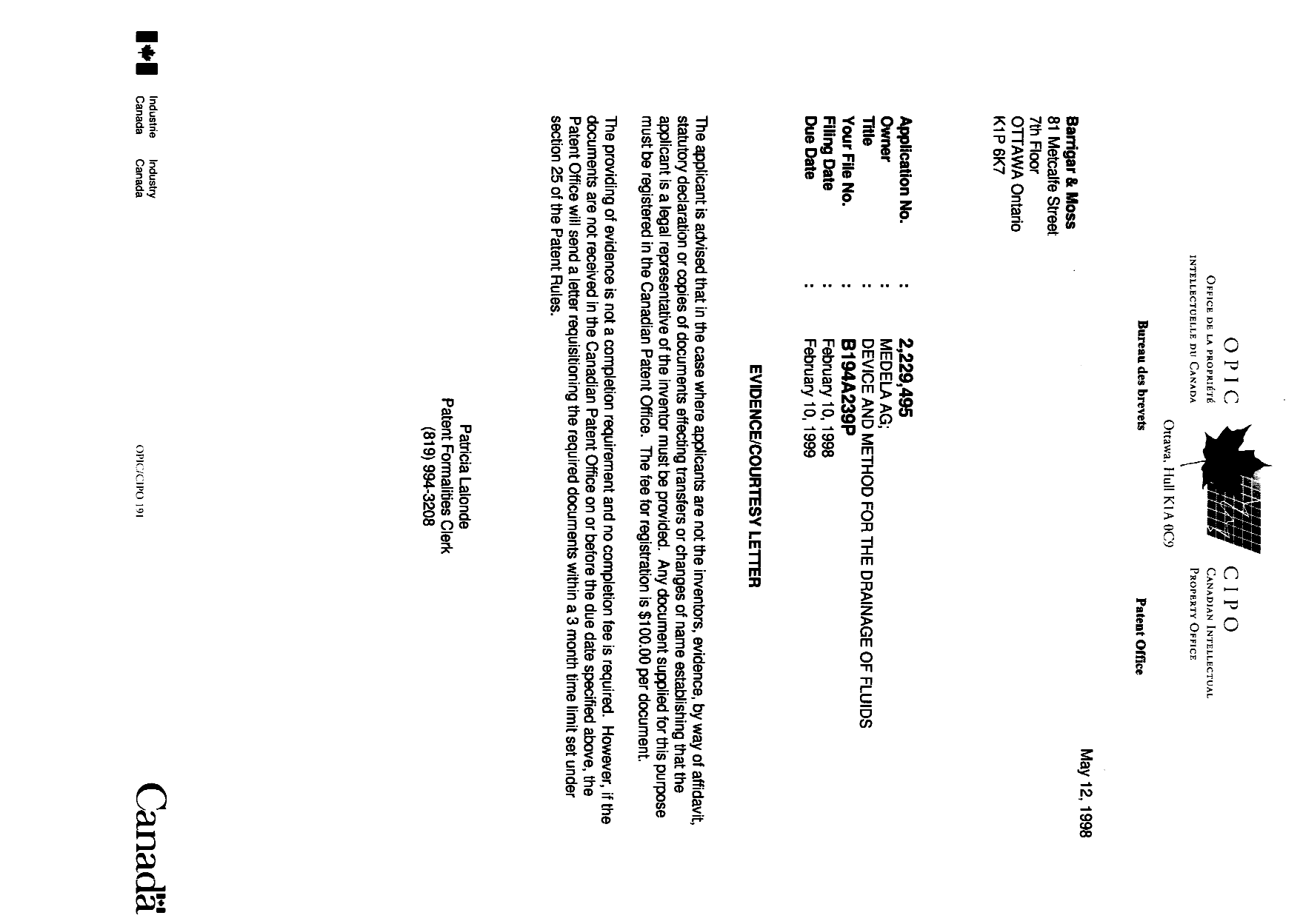 Canadian Patent Document 2229495. Correspondence 19980512. Image 1 of 1