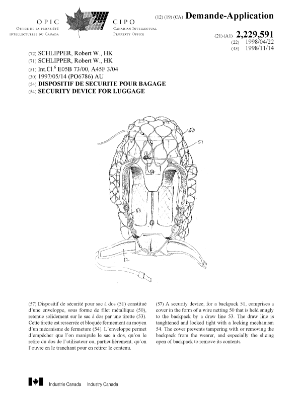 Canadian Patent Document 2229591. Cover Page 19981124. Image 1 of 1