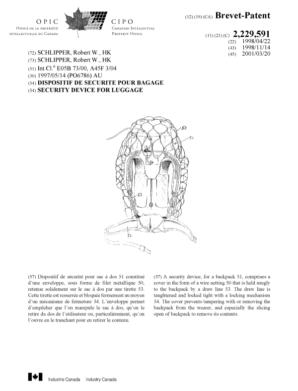 Canadian Patent Document 2229591. Cover Page 20010214. Image 1 of 1