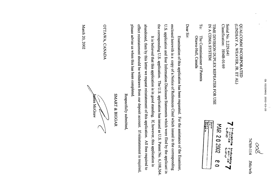 Canadian Patent Document 2229641. Prosecution-Amendment 20020320. Image 1 of 1