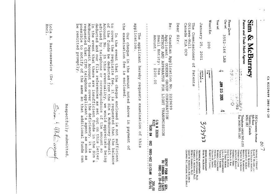 Canadian Patent Document 2229699. Prosecution-Amendment 20010125. Image 1 of 1