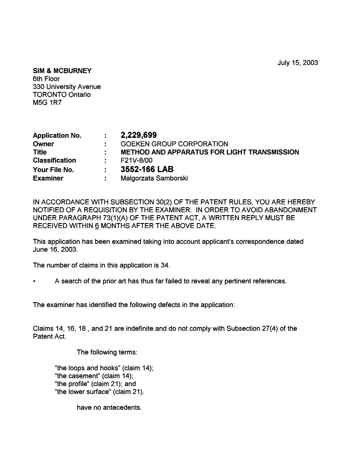 Canadian Patent Document 2229699. Prosecution-Amendment 20030715. Image 1 of 2