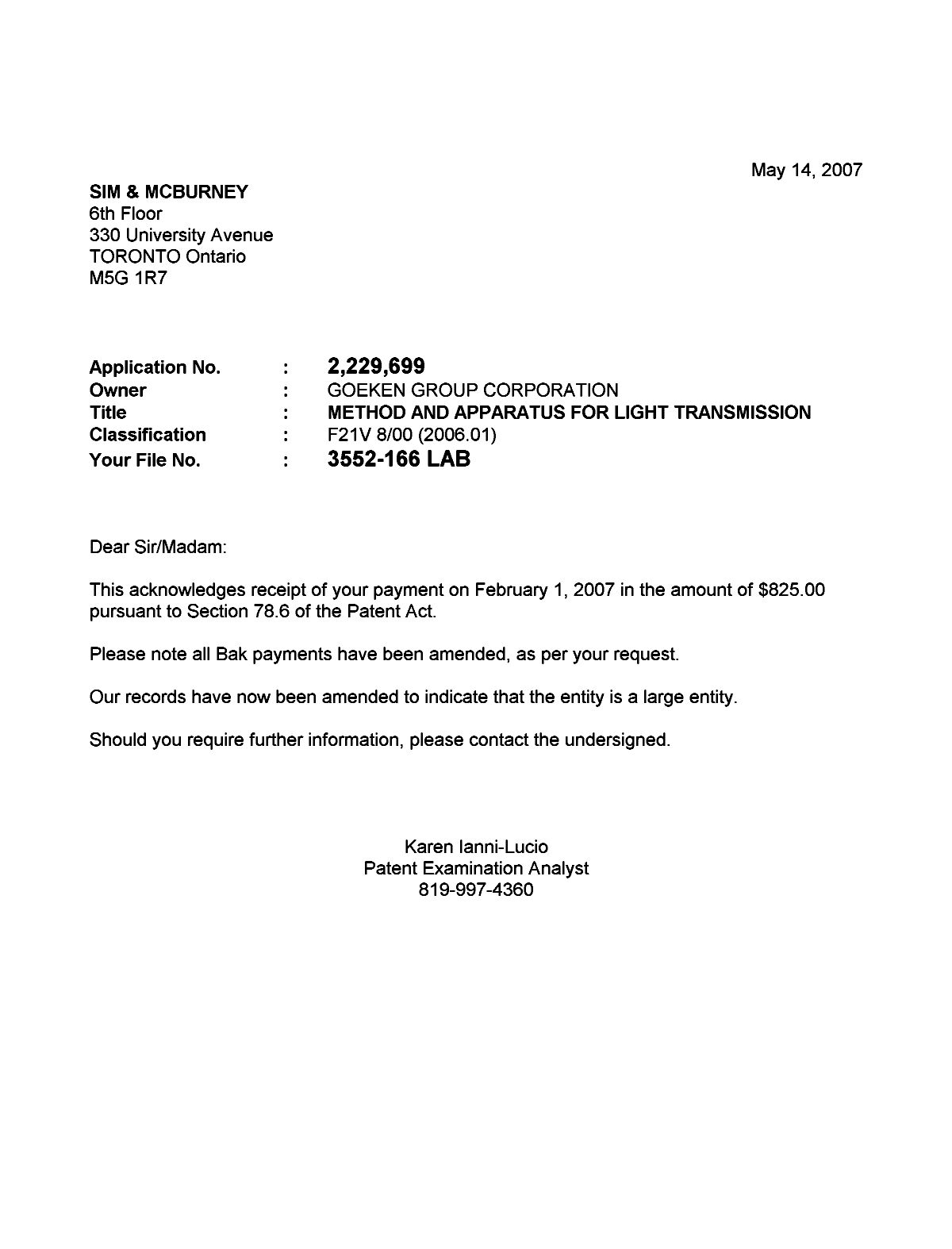 Canadian Patent Document 2229699. Correspondence 20070514. Image 1 of 1