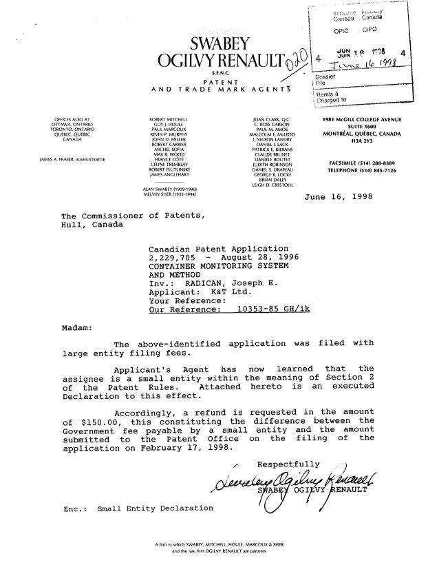 Document de brevet canadien 2229705. Correspondance 19980616. Image 1 de 2